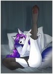  2014 anthro bed black_nose breasts canine clothed clothing female hair looking_at_viewer mammal pillow purple_eyes purple_hair rach_verity solo teeth underwear 