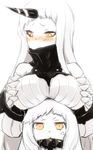  :t anger_vein angry blush breast_rest breasts breasts_on_head claws dress engiyoshi horn jitome kantai_collection large_breasts long_hair multiple_girls northern_ocean_hime orange_eyes pale_skin pout ribbed_dress ribbed_sweater seaport_hime shinkaisei-kan sweater white_background white_hair 