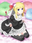  1girl animal_ears black_dress black_ribbon black_thighhighs blonde_hair blue_eyes blunt_bangs blush borrowed_character bow breasts cat_ears cat_girl cat_tail closed_mouth commentary_request dress expressionless frilled_dress frilled_sleeves frills full_body gothic_lolita juliet_sleeves lace-trimmed_thighhighs lace_trim lolita_fashion long_sleeves looking_at_viewer medium_breasts neck_ribbon original pillow puffy_sleeves red_bow ribbon sengoku_esuji short_hair sitting solo tail tail_bow tail_ornament thighhighs wariza 