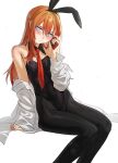  1girl :/ absurdres animal_ears arm_support artist_name bare_shoulders black_pantyhose blush breasts brown_hair commentary detached_collar english_commentary fake_animal_ears highleg highleg_leotard highres holding holding_phone leotard long_hair long_sleeves looking_at_viewer makise_kurisu necktie off_shoulder open_clothes open_shirt paid_reward_available pantyhose phone pink_eyes playboy_bunny rabbit_ears red_hair red_necktie science_adventure shirt simple_background sitting solo steins;gate strapless strapless_leotard sweatdrop waligner white_background white_shirt 