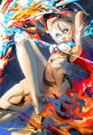  1girl absurdres armor armored_dress attack blue_eyes breasts commentary_request dress fire gagseol high_ponytail highres holding holding_sword holding_weapon honkai_(series) honkai_impact_3rd kiana_kaslana kiana_kaslana_(herrscher_of_flamescion) long_hair medium_breasts open_mouth ponytail solo sword thighhighs thighs very_long_hair weapon white_dress white_hair white_thighhighs 