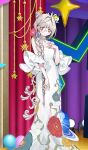  1girl bare_shoulders blush braid breasts bukurote commentary_request detached_collar double_bun dress fate/grand_order fate_(series) flora_(academy_outfit)_(fate) flora_(fate) floral_print flower flower-shaped_pupils flower_hairband game_asset green_eyes grey_hair hair_bun hair_flower hair_ornament long_hair monocle official_art partial_commentary sidelocks small_breasts solo symbol-shaped_pupils third-party_source white_dress 