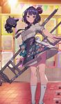  1girl apron black_apron blue_eyes blush breasts commentary_request dress easel fate/grand_order fate_(series) game_asset grey_dress hair_bun hair_ornament katsushika_hokusai_(academy_outfit)_(fate) katsushika_hokusai_(fate) kneehighs kuroboshi_kouhaku looking_at_viewer medium_breasts necktie octopus official_art paintbrush partial_commentary purple_hair short_hair short_sleeves smile socks stuffed_toy thighs third-party_source toto-sama_(fate) white_socks 