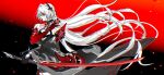  1girl acheron_(honkai:_star_rail) acheron_(slashed_dream)_(honkai:_star_rail) blood blood_from_eyes breasts choker colored_extremities commentary english_commentary flower hair_ornament highres holding holding_sword holding_weapon honkai:_star_rail honkai_(series) katana large_breasts long_hair official_alternate_eye_color official_alternate_hair_color red_eyes red_flower shiruuruu single_bare_shoulder single_wide_sleeve sword two-tone_background very_long_hair weapon white_hair 