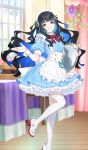  1girl apron black_hair blue_dress blue_hair bow bowtie breasts colored_inner_hair commentary_request dress eyeliner fate/grand_order fate_(series) frills game_asset grey_eyes grin hair_ornament long_hair looking_at_viewer maid_headdress makeup medium_breasts multicolored_hair official_art partial_commentary puffy_short_sleeves puffy_sleeves saitou_hiroki shoes short_sleeves sidelocks smile solo tenochtitlan_(academy_outfit)_(fate) tenochtitlan_(fate) thighhighs thighs third-party_source tray white_apron white_shoes white_thighhighs wrist_cuffs 