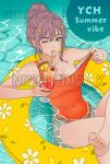  1girl breasts cleavage collarbone crossed_legs cup drink drinking_straw english_text green_eyes hair_bun highres holding holding_drink innertube large_breasts lips looking_at_viewer nail_polish niikiitiinak on_water one-piece_swimsuit one_eye_closed orange_one-piece_swimsuit original outdoors pink_hair pulling_own_clothes sidelocks signature single_hair_bun skin_tight solo swim_ring swimsuit tight_clothes undressing water yellow_nails 