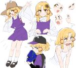  1girl alternate_hairstyle ayayayaya63 baseball_cap baseball_jersey baseball_mitt black_hat black_vest blonde_hair blush brown_hat closed_mouth commentary_request dress flower hair_flower hair_ornament hair_ribbon hat highres hot jersey long_hair long_sleeves looking_at_viewer moriya_suwako multiple_expressions multiple_views open_mouth pitching ponytail purple_shirt purple_skirt purple_vest red_ribbon ribbon shirt short_ponytail simple_background skirt skirt_set sleeveless sleeveless_dress smile squiggle sunflower sweat touhou tress_ribbon vest white_background white_dress wide_sleeves yellow_eyes yellow_flower 
