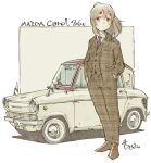  1girl absurdres brooch brown_hair brown_jacket brown_pants brown_shoes brown_suit brown_vest car closed_mouth collared_shirt commentary_request full_body hands_in_pockets highres jacket jewelry mazda mazda_carol medium_hair mima_nonoka motor_vehicle necktie pant_suit pants plaid_clothes plaid_jacket plaid_pants plaid_vest red_necktie sekihan shirt shoes short_eyebrows signature solo standing suit suit_jacket suit_pants vehicle_name vest white_car white_shirt zesshaka!_shiritsu_yotsuwa_joshi_gakuin_zetsumetsu_kigu-sha_gakka 
