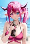  1girl beach bikini black_horns blue_eyes bottle breasts cleavage cola commentary day drinking drinking_straw drinking_straw_in_mouth english_commentary glass_bottle halterneck heterochromia highres hiroshika holding holding_bottle hololive hololive_english horns irys_(hololive) long_hair long_pointy_ears looking_at_viewer medium_breasts navel outdoors pointy_ears purple_bikini purple_eyes purple_hair side_ponytail solo star-shaped_pupils star_(symbol) swimsuit symbol-shaped_pupils upper_body virtual_youtuber 