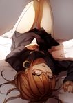  brown_eyes brown_hair from_above glasses highres kantai_collection knees_together_feet_apart kyouya_(mukuro238) lying mochizuki_(kantai_collection) on_back open_mouth school_uniform semi-rimless_eyewear serafuku shade solo under-rim_eyewear upside-down 