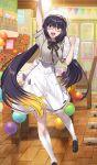  1girl apron arm_up beret blush bow bowtie breasts brown_hair brown_shoes commentary_request dress fate/grand_order fate_(series) game_asset glasses grey_dress hat kneehighs large_breasts long_hair looking_at_viewer low_twintails moriyama_daisuke notebook official_art open_mouth osakabehime_(academy_outfit)_(fate) osakabehime_(fate) partial_commentary purple_eyes red-framed_eyewear shoes short_sleeves smile socks solo thighs third-party_source twintails very_long_hair white_apron white_hat white_socks 