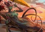 areola beach beach_chair beach_umbrella breasts clitoral_hood clitoris clothing demon digital_media_(artwork) ear_piercing ear_ring enoki_(helixel) eyewear eyewear_on_head eyewear_only female fingers genitals hair humanoid kammi-lu leyla_(kamikazekit) lying navel navel_piercing nipple_piercing nipples not_furry nude on_back outdoor_nudity outside parasol piercing ring_piercing sand seaside sky smile solo sunglasses sunglasses_on_head sunglasses_only sunset swimwear tail thick_thighs vulva water wearing_sunglasses white_hair wide_hips