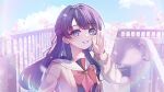 1girl bless_you!_(love_live!) blue_eyes blue_sky blush braid brown_cardigan brown_dress cardigan cherry_blossoms cloud commentary_request day dress falling_petals grin half_up_braid hand_up hasu_no_sora_school_uniform highres instagram_username long_hair long_sleeves looking_at_viewer love_live! love_live!_hasu_no_sora_jogakuin_school_idol_club mochi_tsu22 murano_sayaka neckerchief open_cardigan open_clothes outdoors petals pink_petals purple_hair red_neckerchief sailor_collar sailor_dress school_uniform signature sky smile solo twitter_username upper_body virtual_youtuber white_sailor_collar winter_uniform 