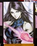  1girl bare_tree black_hair black_shirt blue_eyes breasts closed_mouth commentary energy_blade english_commentary highres large_breasts long_hair long_sleeves marker_(medium) marvel photo_(medium) psylocke purple_hair shirt signature sleeveless solo stanley_lau traditional_media tree x-men 