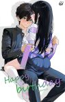  1boy 1girl arms_behind_back black_hair black_jacket black_pants blue_sailor_collar blue_skirt blunt_bangs blush bound bound_arms bound_wrists breasts chitanda_eru collared_shirt commentary_request crossed_wrists dated double-parted_bangs dress_shirt embarrassed english_text frown green_eyes hair_between_eyes happy_birthday hyouka jacket kamiyama_high_school_uniform_(hyouka) kneehighs long_hair long_sleeves looking_at_another medium_breasts mery_(yangmalgage) oreki_houtarou pants pleated_skirt purple_eyes purple_ribbon ribbon ribbon_bondage sailor_collar school_uniform serafuku shadow shirt short_hair sidelocks signature skindentation skirt smile socks sweat thighs white_shirt white_socks 