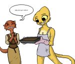 anthro apron apron_only argonian baking baking_tray bethesda_game_studios bottomwear breasts brown_body brownie cheek_tuft chest_tuft clothed clothing cooking countershade_torso countershading dialogue duo english_text facial_tuft felid feline felis female fur handwear katia_managan kazerad khajiit mammal microsoft mostly_nude oblivion oven_mitts prequel_adventure proud quill-weave red_sclera reptile scalie scorch_mark sharp_teeth shirt simple_background skirt smile speech_bubble tail teeth text the_elder_scrolls topwear tuft vest worried yellow_body yellow_fur yellow_sclera