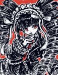  1girl black_hair celestia_ludenberg closed_mouth commentary_request danganronpa:_trigger_happy_havoc danganronpa_(series) drill_hair eyelashes hair_ribbon highres long_hair long_sleeves red_background red_eyes ribbon ringed_eyes solo tsukihi_shida twin_drills twintails white_headdress white_ribbon 