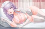  1girl azur_lane blush breasts cleavage collarbone commentary curtains dress eyelashes flower-shaped_pupils garter_straps gloves groin hat highres id_card indoors lanyard large_breasts long_hair looking_at_viewer multicolored_hair nurse nurse_cap open_mouth pink_eyes pink_hair pink_lips plymouth_(an_angelic_physical)_(azur_lane) plymouth_(azur_lane) purple_hair short_sleeves smile solo streaked_hair symbol-shaped_pupils teaoe teeth thighhighs thighs upper_teeth_only white_dress white_garter_straps white_gloves white_hat white_thighhighs 