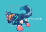 2019 4_toes all_fours anthro biped blue_body blue_fur bodysuit butt canid canine canis chinese_description claws clothed clothed_anthro clothed_male clothing digital_media_(artwork) domestic_dog ear_piercing ear_ring feet fur furgonomics geometric_background hi_res jacket juo1 looking_back male male_anthro mammal pawpads paws piercing plantigrade rear_view ring_piercing simple_background skinsuit solo stirrup_legwear tail text three-quarter_view tight_clothing toe_claws toes topwear yellow_clothing yellow_eyes yellow_jacket_(clothing) yellow_topwear