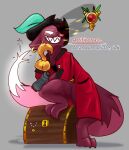 ambiguous_gender anthro artificer_(rain_world) black_collar buckle cape clothing collar dvisk ear_piercing ear_ring feathered_cap glowing glowing_eyes glowing_tail_tip grey_background gun hat headgear headwear hi_res hook hook_hand keyhole machine partially_clothed_anthro piercing pirate rain_world ranged_weapon red_cape red_clothing ring_piercing shaded simple_background skull_symbol slugcat smile smiling_at_viewer smoke smoke_from_mouth sofanthiel_(rain_world) solo standing standing_on_object text toothy_grin treasure_chest tricorne videocult weapon white_eyes