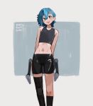  1girl absurdres arms_behind_back asymmetrical_hair black_shorts black_socks blue_eyes blue_hair blush cowboy_shot crop_top crossed_bangs dated grey_shirt hair_between_eyes highres kart_prowler kneehighs mechanical_legs midriff nyx_(kart_prowler) open_mouth original shirt short_hair shorts sidecut signature simple_background single_kneehigh single_mechanical_leg single_sock sleeveless sleeveless_shirt smile socks solo standing teeth undercut upper_teeth_only 