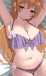  1girl absurdres arms_up bikini blush breasts center_opening commentary_request flower flower_bikini highres konoe_kanata large_breasts long_hair looking_at_viewer love_live! love_live!_nijigasaki_high_school_idol_club lying navel on_back orange_hair pink_flower purple_bikini purple_eyes smile solo stomach swimsuit yuu_(shampoohatslime) 
