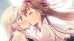 2girls back_bow back_double_bow black_bow black_bowtie blonde_hair blush bow bowtie brown_hair closed_eyes closed_mouth day double_bowtie dutch_angle face-to-face floating_hair from_side game_asset green_eyes grey_bow grey_bowtie hair_ribbon hand_on_another's_shoulder highres juliet_sleeves justine_amelie_lagrange kiss long_hair long_sleeves looking_at_another multiple_girls non-web_source nose_blush official_art plaid_bow plaid_bowtie plaid_clothes puffy_sleeves ribbon sailor_collar school_uniform self-datamine shirahane_nao shirt standing tsuki_ni_yorisou_otome_no_sahou_2 umemiya_iseya white_sailor_collar white_shirt wide-eyed 