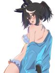  1girl :d ahoge alternate_costume animal_ears bikini black_hair blue_jacket blush breasts bright_pupils colored_shadow commentary_request cowboy_shot frilled_bikini frills hair_between_eyes highres horse_ears horse_girl horse_tail jacket jacket_partially_removed kitasan_black_(umamusume) looking_at_viewer looking_back multicolored_hair open_mouth ponytail red_eyes shadow shoulder_blades simple_background smile solo streaked_hair string_bikini swimsuit tail tongue umamusume wa_(wamizest7) white_background white_bikini white_pupils white_streaks 