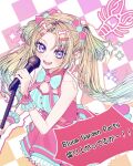  1girl 596_(_gokuraku_joudo) :d bare_shoulders blonde_hair blue_bow blue_bowtie blue_hair bow bowtie breasts checkered_background collarbone commentary curtained_hair gradient_hair hair_bow hair_ornament heart heart_hair_ornament highres holding holding_microphone holding_microphone_stand letter_hair_ornament looking_at_viewer love_live! love_live!_hasu_no_sora_jogakuin_school_idol_club medium_breasts microphone microphone_stand mijinko_transformation miniskirt multicolored_hair navel open_mouth osawa_rurino parted_bangs pink_background pink_bow pink_shirt pink_skirt pixel_text purple_eyes shirt skirt sleeveless sleeveless_shirt smile solo sparkle translation_request twintails untranslatable_commentary wawo!_(love_live!) x_hair_ornament 