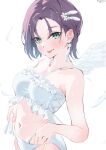  1girl :p absurdres asakura_toru blush collarbone commentary_request dress feather_hair_ornament feathered_wings feathers forehead frilled_dress frills green_eyes hair_ornament halterneck highres idolmaster idolmaster_shiny_colors looking_at_viewer navel purple_hair simple_background solo stomach tigger_drawing tongue tongue_out twitter_username white_background white_dress white_wings wings 