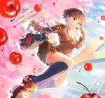  1girl antenna_hair bag black_eyes black_hair black_socks brown_shoes brown_skirt cherry commentary_request day food from_below fruit highres holding holding_bag holding_food holding_fruit idolmaster idolmaster_(classic) idolmaster_1 jumping kikuchi_makoto long_sleeves looking_at_viewer mihen miniskirt official_alternate_costume outdoors plaid_clothes plaid_skirt school school_uniform school_wear_(idolmaster) shoes short_hair shoulder_bag skirt socks solo 