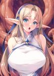  1girl amulet aqua_eyes bare_shoulders belt blonde_hair blue_gem blue_ribbon blue_shawl boots breasts commentary_request detached_sleeves elf elf_bishop_(kirishima_satoshi) gem hair_ribbon huge_breasts kirishima_satoshi large_variant_set long_hair long_pointy_ears original paid_reward_available pointy_ears restrained ribbon shawl sideless_outfit sleeveless solo tentacles upper_body variant_set very_long_hair 