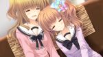  2girls arms_at_sides black_bow black_bowtie black_socks bow bowtie brown_hair cardigan closed_eyes closed_mouth couch double_bowtie dutch_angle game_asset ginjou_haruko grey_bow grey_bowtie hair_ornament head_on_another's_shoulder ichimaru_kyuu indoors long_hair long_sleeves medium_hair multiple_girls nishimata_aoi non-web_source official_art on_couch one_side_up open_mouth pink_sweater plaid_bow plaid_bowtie plaid_clothes pleated_skirt purple_cardigan sailor_collar school_uniform self-datamine side-by-side sitting skirt socks striped_bow striped_bowtie striped_clothes sweater tsuki_ni_yorisou_otome_no_sahou_2 two_side_up wavy_hair white_sailor_collar 