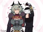  1boy 1girl 2026 alienwacc blush breasts caesar_king_(zenless_zone_zero) commentary english_commentary heart height_difference highres large_breasts light_blush monochrome muscular muscular_female pencil_skirt short_hair signature skirt smile sweat sweatdrop taller_female_shorter_male teeth tomboy zenless_zone_zero 