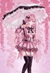  1girl absurdres alternate_costume black_bow black_garter_straps black_thighhighs blue_eyes bow breasts cominyan commentary elf elysia_(honkai_impact) english_commentary garter_straps hair_bow highres holding holding_umbrella honkai_(series) honkai_impact_3rd large_breasts long_hair long_pointy_ears looking_at_viewer pink_hair pink_shirt pink_skirt pointy_ears shirt skirt smile solo thighhighs thighs umbrella v very_long_hair 
