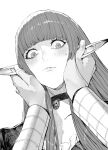  1boy 1girl absurdres blunt_bangs blush choker commentary_request fingernails greyscale hands_on_another's_face highres hulkenberg_(metaphor:_refantazio) long_hair long_sleeves looking_at_viewer meta metaphor:_refantazio monochrome peperon_(peperou) pointy_ears pov pov_hands protagonist_(metaphor:_refantazio) simple_background sweatdrop 