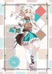  1girl ankle_lace-up aqua_bow aqua_bowtie aqua_skirt bow bowtie brown_bow buttons cake closed_mouth collared_shirt commentary_request food frilled_skirt frills full_body furahata_gen hair_bow hair_ornament hairclip heart high_heels highres holding holding_plate holding_spoon layered_clothes looking_at_viewer multiple_hair_bows multiple_hairclips original plate shirt shoes short_sleeves skirt solo spoon thighhighs white_shirt white_thighhighs 