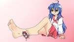  2girls anger_vein barefoot blue_hair feet female giantess green_eyes gts hiiragi_kagami izumi_konata lucky_star minigirl multiple_girls rin95 rinatenshi school_uniform seifuku serafuku 