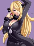  black_coat blonde_hair breasts cleavage covered_nipples fur_trim grey_eyes hair_ornament hair_over_one_eye holding holding_poke_ball large_breasts long_hair looking_at_viewer megane_man parted_lips poke_ball poke_ball_(generic) pokemon shirona_(pokemon) simple_background smile solo 