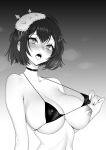  1girl absurdres alternate_breast_size_(larger) bikini bikini_top_lift blush brassica breasts choker clothes_lift collarbone commentary commission covered_nipples eyeliner greyscale hair_between_eyes hair_ornament headband highres himemiya_rie large_breasts lifting_own_clothes linea_alba makeup micro_bikini midriff mole mole_under_eye monochrome nipples open_mouth phase_connect puffy_nipples short_hair skindentation solo stomach string_bikini swimsuit tongue tongue_out upper_body virtual_youtuber wing_hair_ornament 
