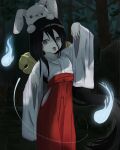  1girl bell black_hair chuugoku_usagi commentary_request dark forest ghost graveyard grey_hair hair_between_eyes hakama highres japanese_clothes jingle_bell katakuri_neko kimono limited_palette long_hair long_sleeves miko nature outdoors red_hakama stuffed_animal stuffed_rabbit stuffed_toy stuffed_toy_on_head tongue tongue_out very_long_hair voicevox white_kimono 