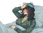  1girl anya_(mouthwashing) bag_on_head bed bed_sheet black_hair blush breasts commentary_request green_jumpsuit grey_eyes hair_between_eyes highres ice_pack jumpsuit korean_commentary korean_text mouthwashing pillow pony_express_uniform s2_anya shirt simple_background solo striped_clothes striped_shirt sweat thermometer_in_mouth translation_request white_background 
