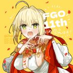  1girl :d ahoge anniversary bare_shoulders blonde_hair breasts cleavage commentary_request dress earrings fate/grand_order fate_(series) four-finger_heart_hands green_eyes hair_bun hair_intakes heart heart_hands highres jewelry large_breasts medium_hair nero_claudius_(fate) nero_claudius_(formal_dress)_(fate) open_mouth red_nails sideboob smile solo white_dress zhang5180 
