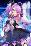  1girl :d \m/ ahoge artist_request black_gloves blurry blurry_background breasts chinese_commentary commentary_request commission concert detached_sleeves dress fingerless_gloves gloves heterochromia highres holding holding_microphone_stand honkai_(series) honkai_gakuen looking_at_viewer microphone_stand multicolored_hair nail_polish pink_hair purple_dress purple_eyes purple_hair purple_nails second-party_source sharp_teeth short_hair sin_mal small_breasts smile solo teeth white_sleeves yellow_eyes 