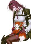  1girl animal_on_lap animalization arm_belt breasts clothing_cutout collared_shirt commentary_request cutoffs eyewear_on_head flower fluffy_tail fox gloves grin highres himeko_(himekat)_(honkai:_star_rail) himeko_(honkai:_star_rail) honkai:_star_rail honkai_(series) jacket jewelry kafka_(honkai:_star_rail) korean_commentary lapel_pin large_breasts looking_at_another looking_down omegiricecake on_lap open_clothes open_jacket pantyhose pince-nez ponytail ring rose shirt single_sidelock sitting smile two-tone_fur white_background 