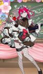  1girl apron baobhan_sith_(academy_outfit)_(fate) baobhan_sith_(fate) black_dress breasts commentary_request dress earrings fate/grand_order fate_(series) fishnet_thighhighs fishnets game_asset grey_eyes hair_intakes hair_rings jewelry large_breasts long_hair long_sleeves looking_at_viewer maid_headdress mochizuki_kei official_art partial_commentary pink_hair pointy_ears single_hair_ring solo thighhighs thighs third-party_source white_apron 