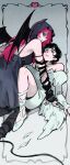  2girls alien_stage angel_and_devil angel_wings badhapple black_dress black_hair black_veil black_wings commentary demon_wings dress english_commentary heart highres horns juliet_sleeves long_sleeves low_wings mizi_(alien_stage) multiple_girls off-shoulder_dress off_shoulder pink_hair puffy_sleeves purple_eyes shoes sleeveless sleeveless_dress sua_(alien_stage) veil white_dress white_shoes white_wings wings yellow_eyes yuri 