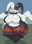 2026 abstract_background absurd_res ambient_bird anthro barefoot big_breasts black_body black_fur blep blush breasts curvy_figure day digital_media_(artwork) dupin_(pal) fangs featureless_breasts feet female front_view full-length_portrait fur hand_on_hip hi_res huge_breasts huge_hips huge_thighs inazuma_kat jester lagomorph looking_at_viewer mammal markings multicolored_body multicolored_fur neck_tuft outside palmorph portrait red_markings shortstack shortstack_female slightly_chubby slightly_chubby_anthro slightly_chubby_female smile solo standing teeth thick_thighs tongue tongue_out tuft white_body white_fur wide_hips yellow_eyes