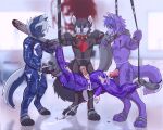anthro bat_(object) bdsm blood bodily_fluids bondage bound bruised canid canine canis clothing collar cum cum_in_ass cum_in_mouth cum_inside detailed_background dominant dominant_male fellatio fox genital_fluids gore group hi_res latex latex_clothing latex_skinsuit lawkie male male/male mammal nycto oral penile sex skinsuit spiked_collar spikes spitroast submissive submissive_male suspension suspension_bondage tight_clothing wolf zigs