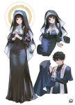  arm_support black_dress black_hair black_shoes blunt_bangs blush chitanda_eru commentary_request cropped_torso cross cross_necklace double-parted_bangs dress from_above hair_between_eyes halo hand_on_another's_mouth height_difference hyouka jewelry long_hair long_sleeves looking_at_viewer mery_(yangmalgage) multiple_views necklace nun nun_headdress open_mouth oreki_houtarou priest purple_eyes shoes short_hair sidelocks signature simple_background sitting upper_body white_background 